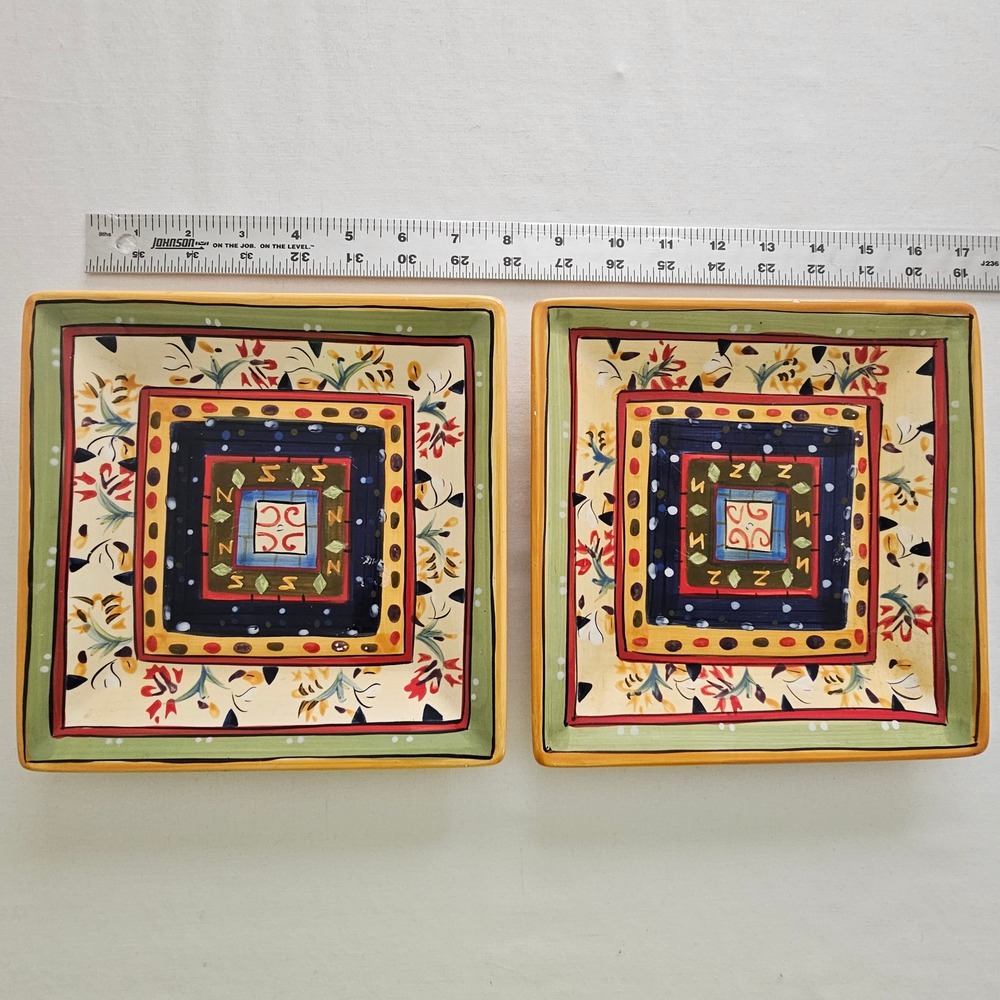 Corsica Home Esmeralda Square‎ Salad Plates Set of 2 Hand Painted Ceramic 8.25in